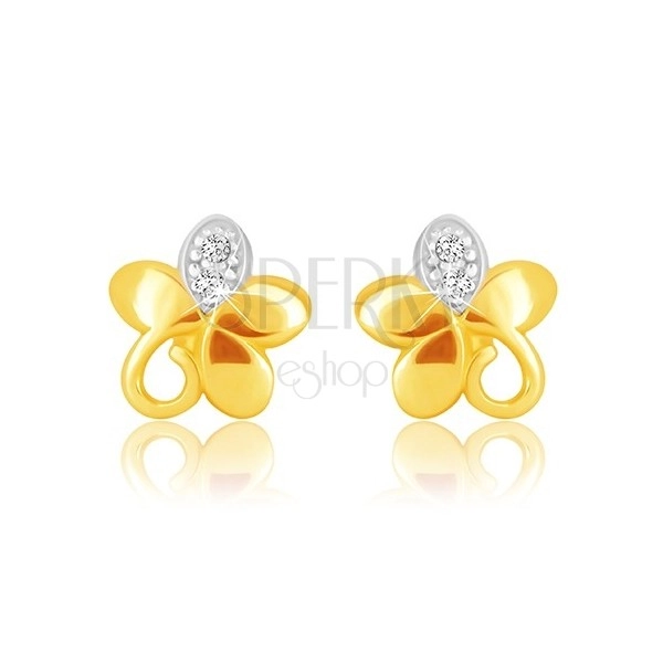 Orecchini in oro combinato 9K - fiore con cinque petali, spirale e zirconi