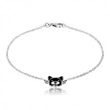 Bracciale in argento 925 - catena brillante, cane ornato con smalto nero, chiusura a moschettone