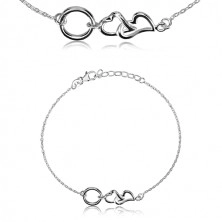 Bracciale in argento 925 - due cuori brillanti e un cerchio, piccole maglie ovali