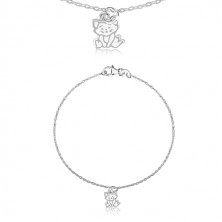 Bracciale in argento 925 -ciondolo con modello gatto, maglie ovali brillanti