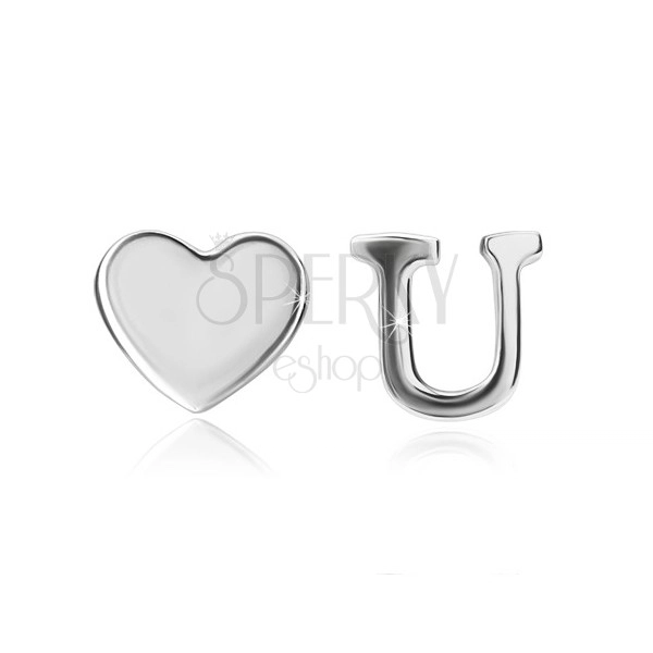 Orecchini in argento 925 - cuore brillante e lettera U, chiusura a perno