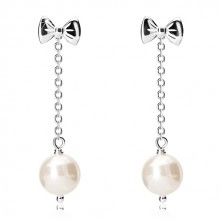 Orecchini con catena in argento 925 - fiocco brillante e pallina in color bianco, perno