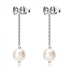 Orecchini con catena in argento 925 - fiocco brillante e pallina in color bianco, perno