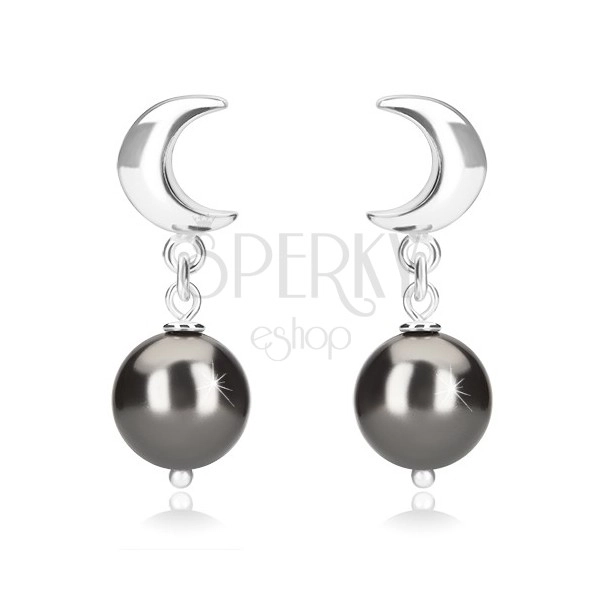 Orecchini in argento 925 - mezzaluna brillante e pallina in color ematite, perno