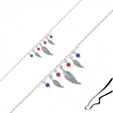 Braccialetto a caviglia in argento 925 - tre piume, quattro palline in rosso e blu