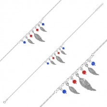 Braccialetto a caviglia in argento 925 - tre piume, quattro palline in rosso e blu