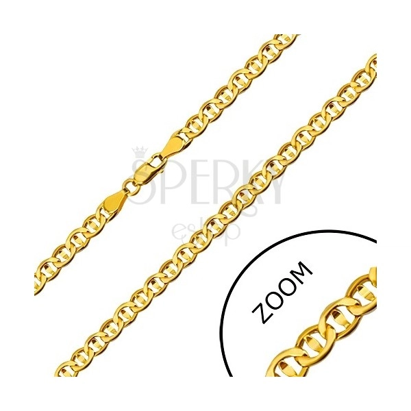 Catena in oro giallo 585 - maglie piatte divise con un grano, 600 mm