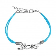 Bracciale a corda blu chiaro, scritta incisa "Love" in color argento