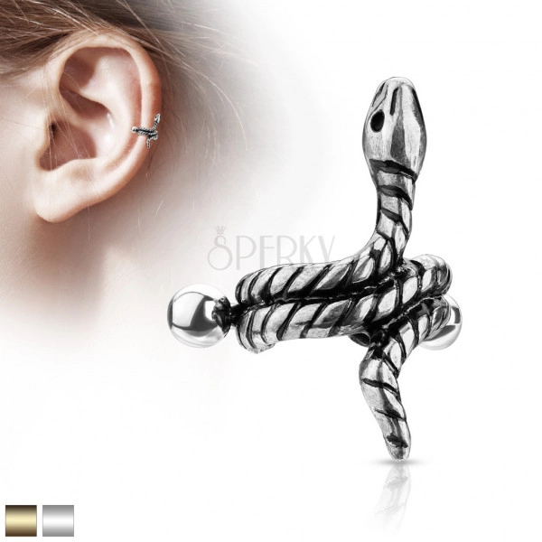 Piercing all'orecchio in acciaio - serpente arrotolato con strisce sul corpo