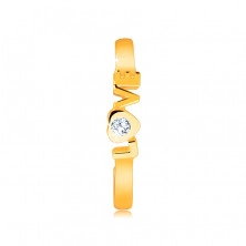 Anello in oro giallo 585 con lati aperti - scritta “LOVE”, zircone chiaro rotondo nel cuore