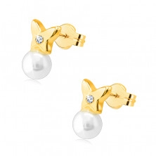 Orecchini in oro 375 - piccola farfalla con zircone rotondo, perla bianca, chiusura a bottone