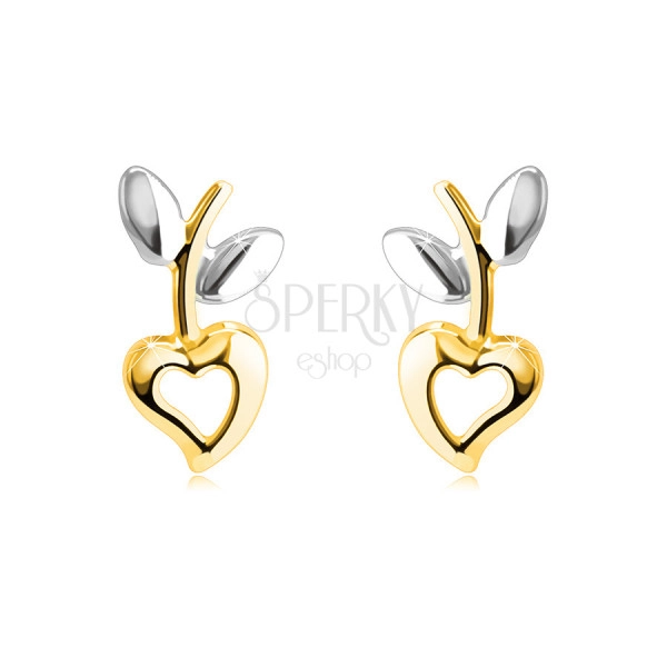 Orecchini in oro combinato 14K - cuore con ritaglio, gambo con foglie, chiusura a bottone