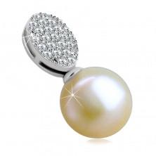 Ciondolo in oro 14K - ovale inciso con zirconi chiari, perla rotonda di acqua dolce