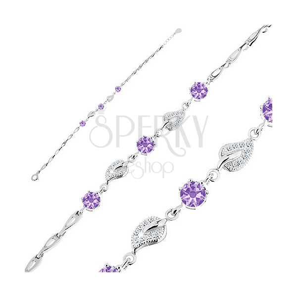 Bracciale in argento 925 - foglie in zircone, zirconi viola, maglie a forma di lacrima