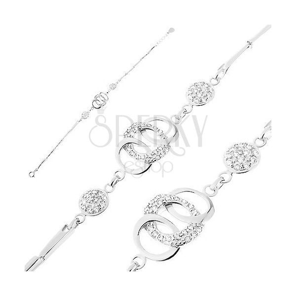 Bracciale in argento 925 - maglie brillanti, cerchi intrecciati, anelli, zirconi chiari