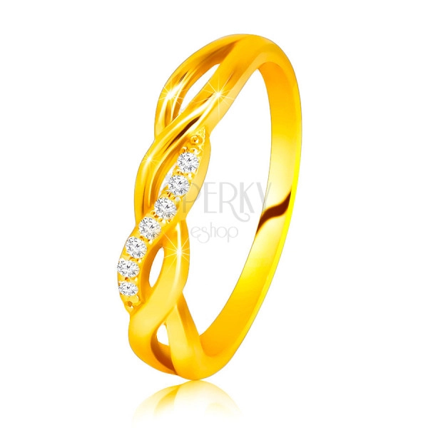 Anello brillante in oro giallo 14K - increspature intrecciati, linea in diamanti