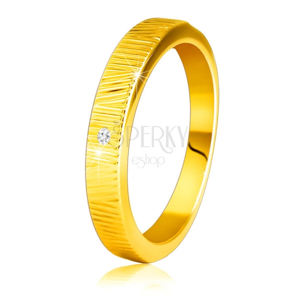 Anello in oro giallo 14K, con diamante - intagli sottili decorativi, diamante chiaro, 1,5 mm