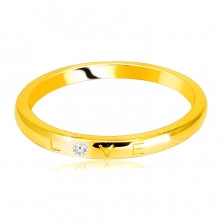 Fede in oro giallo 14K - scritta “LOVE” con diamante, superficie liscia, 1,5 mm