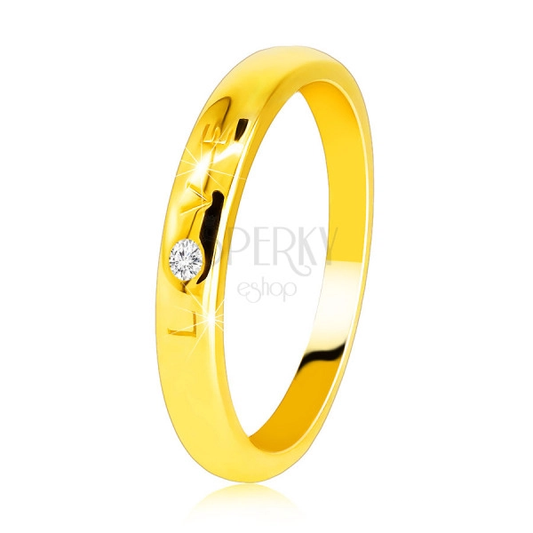 Fede in oro giallo 585 - scritta  “LOVE” con diamante, superficie liscia, 1,6 mm