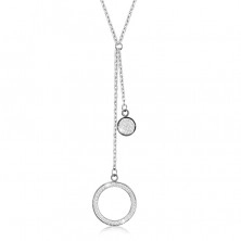 Collana in acciaio - grande contorno anello con cristalli, anello piano, ciondoli in colore argento