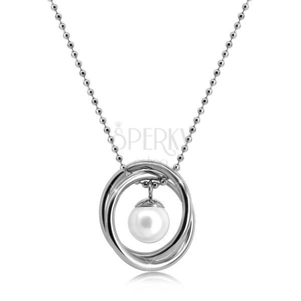 Collana in acciaio colore argento - catena a pallina, due anelli incrociati, pallina perlacea