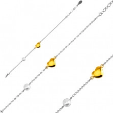 Bracciale in acciaio - cuori liscio, brillante in colore dorato, pallina perlacea, catena sottile