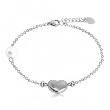 Bracciale in acciaio - cuore brillante e liscio in colore argento, pallina perlacea, catena fina