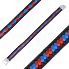 Bracciale in pelle nera - corde intrecciati rosso e blu, chiusura a tappo