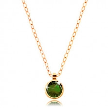 Collana in oro 585 - zircone rotondo verde - oliva, catena brillante a maglie ovali