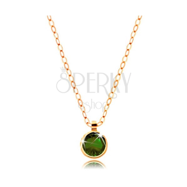 Collana in oro 585 - zircone rotondo verde - oliva, catena brillante a maglie ovali