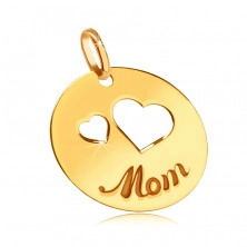 Ciondolo piatto in oro 585 - ritagli di due cuori, scritta incisa "Mom", cerchio brillante