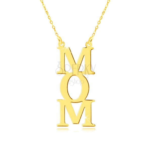Collana in oro giallo 14K  - scritta "MOM", lettere una sotto l'altra, catena a piccole maglie