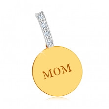 Ciondolo in oro 9K combinato - cerchio brillante e piatto, scritta "MOM", linea in zirconi