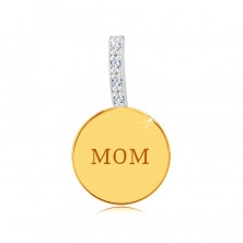 Ciondolo in oro 9K combinato - cerchio brillante e piatto, scritta "MOM", linea in zirconi