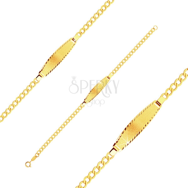 Bracciale in oro giallo 18K - maglie piatte, targhetta superficie satinata, scanalatura, 160 mm