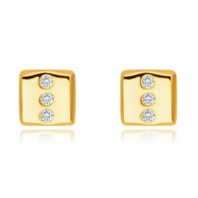 Orecchini in oro giallo 14K con diamante - rettangolo con tre diamanti rotondi, chiusura a bottone