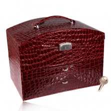 Confezione regalo, per gioielli, in colore rosso di borgogna, modello coccodrillo, dettagli in metallo colore argento, chiave