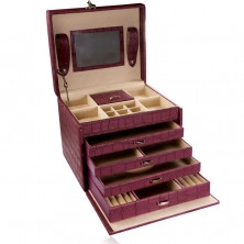 Confezione regalo, per gioiello, in colore bordeaux-viola, modello coccodrillo, dettagli in metallo colore argento