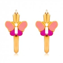 Orecchini rotondi in oro 14K, farfalla rosa, superficie brillante, 15 mm