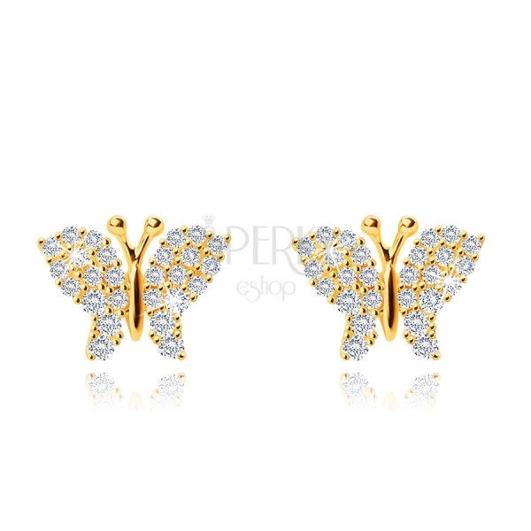 Orecchini in oro giallo 9K, farfalla, ali decorati con zirconi chiari, chiusura bottone