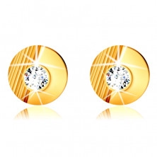 Orecchini in oro 9K - cerchio con intagli, mezzo cerchio liscio, zircone rotondo incastonato, a bottone