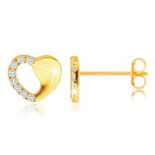 Orecchini in oro giallo 375 - cuore simmetrico con ritaglio, zirconi chiari, rotondi