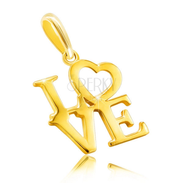 Ciondolo in oro giallo 9K - scritta "LOVE" in lettere maiuscole, cuore al posto di lettera O
