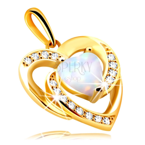 Ciondolo in oro 9K - cuore realizzato in opale bianco sintetico con riflessioni dell'arcobaleno, zirconi rotondi