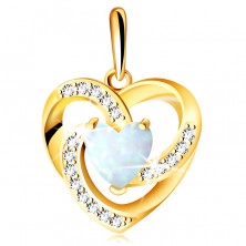 Ciondolo in oro 9K - cuore realizzato in opale bianco sintetico con riflessioni dell'arcobaleno, zirconi rotondi