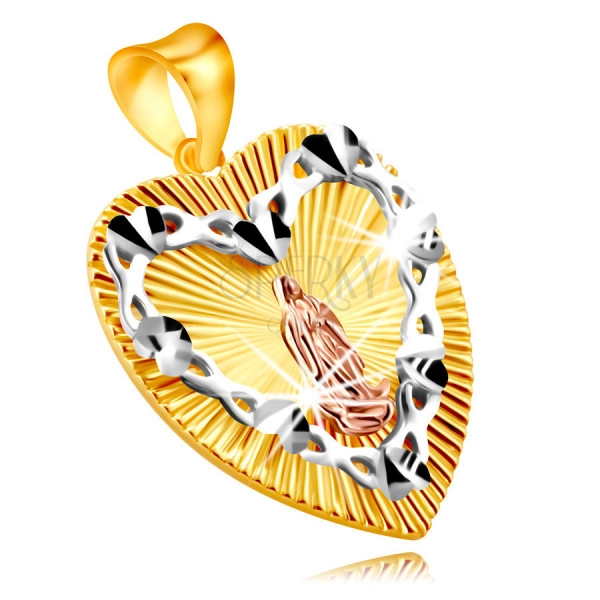 Ciondolo in oro combinato 375 - simbolo cuore, contorno cuore con Vergine Maria