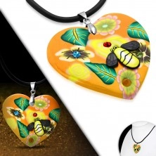 Collana Fimo - cuore arancione con fiori e ape