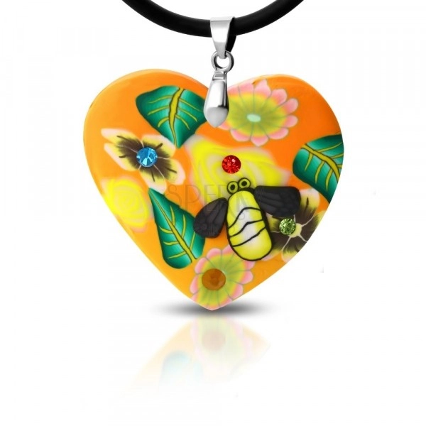 Collana Fimo - cuore arancione con fiori e ape