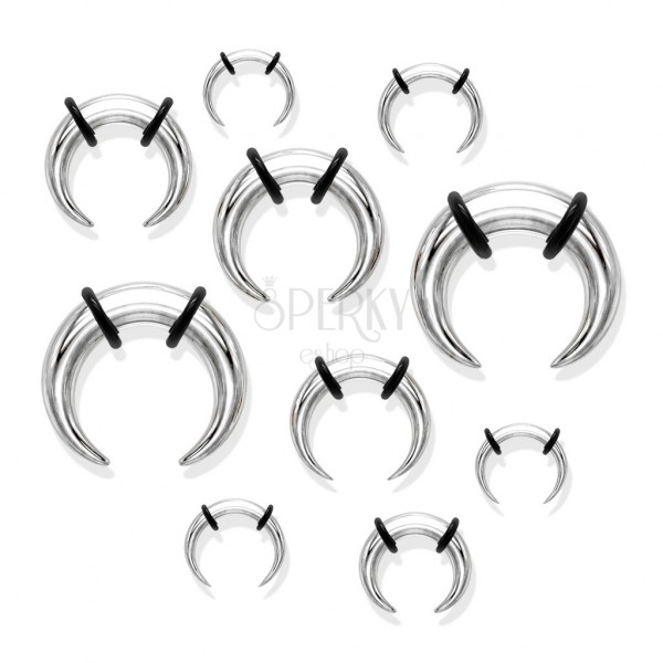 Piercing in acciaio all'orecchio stile bufalo, color argento, anelli neri in gomma