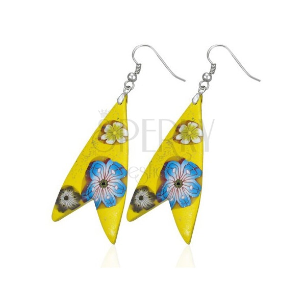 Orecchini Fimo - triangolo giallo, forma di pesce, fiori